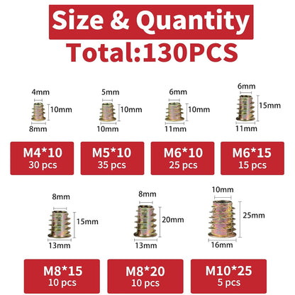 130pcs Wood Threaded Inserts Kit 7 SizeS M4 M5 M6 M8 Furniture Assembly Nut
