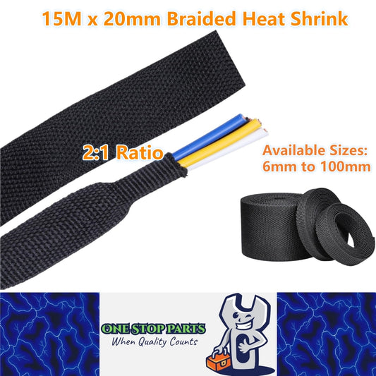 15M x 20mm 2:1 Black Heat Shrink Braided Sleeve Shrink 20mm to 10mm Heat Shrink