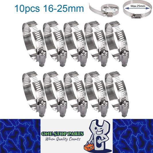 10 x 16-25mm Strong Stainless Steel Hose Clamps wide 8mm x 0.3mm Thick (10pcs)