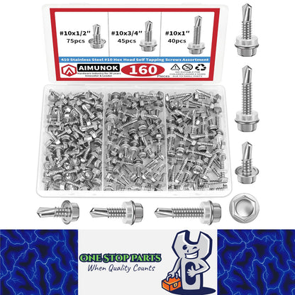 160pcs #10 Hex Head Self Drilling Screws 410 Stainless Steel Metal/Wood Tek