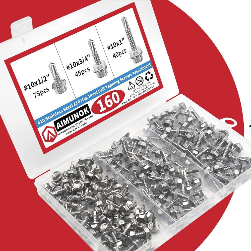 160pcs #10 Hex Head Self Drilling Screws 410 Stainless Steel Metal/Wood Tek