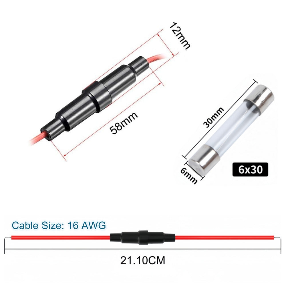 5 x Inline Glass Fuse Holders with 6mm x 30mm Long Glass Fuses 16 AWG Wires