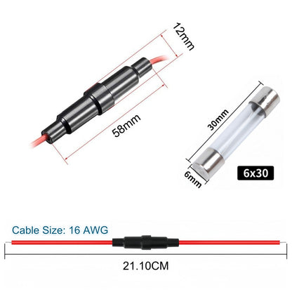 5 x Inline Glass Fuse Holders with 6mm x 30mm Long Glass Fuses 16 AWG Wires