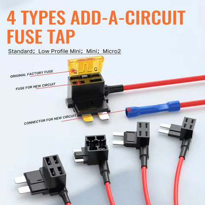 16pcs Add a Fuse Tap Adapters 4 Types Standard/Mini/L Mini/Micro2 with 16 Fuses