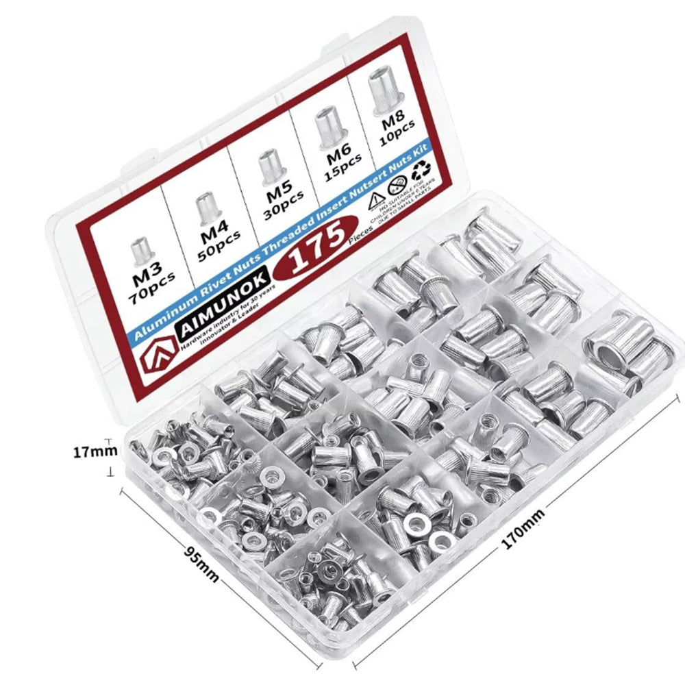 175pcs Aluminum Rivet Nut Kit M3 M4 M5 M6 M8 Flat Head Threaded Insert Nutserts
