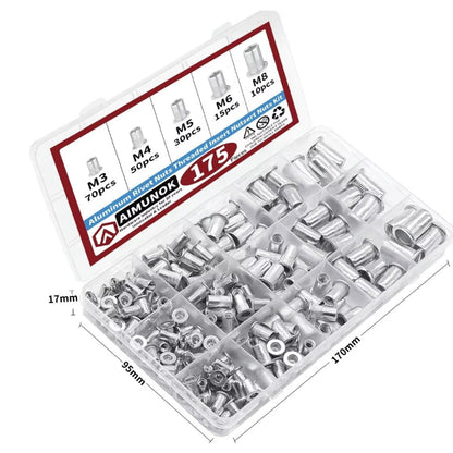 175pcs Aluminum Rivet Nut Kit M3 M4 M5 M6 M8 Flat Head Threaded Insert Nutserts