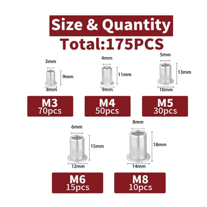 175pcs Aluminum Rivet Nut Kit M3 M4 M5 M6 M8 Flat Head Threaded Insert Nutserts