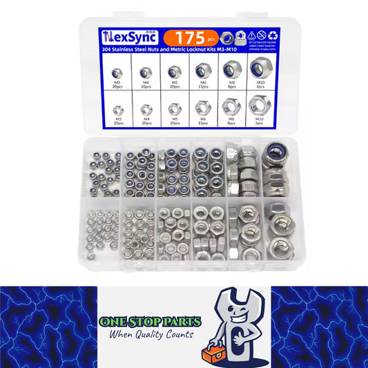 175pcs Stainless Steel Self Lock Hex Nut Nylock Locknut Kit M3-M10 Nylon Insert