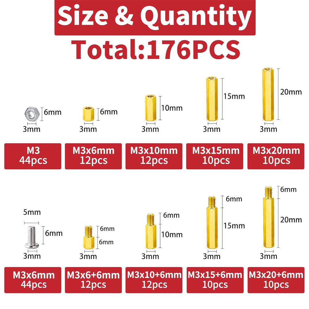 176 x M3 Brass Standoff Kit Hex Male Female Spacer Screw Nut for Motherboard PCB