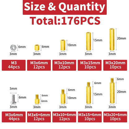 176 x M3 Brass Standoff Kit Hex Male Female Spacer Screw Nut for Motherboard PCB