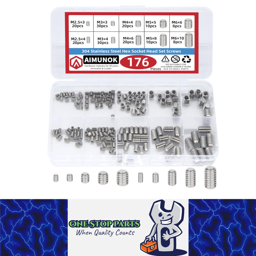 176pcs Allen Head Hex Set Screws M2.5–M8 Assortment Kit 304 SS Grub Bolts