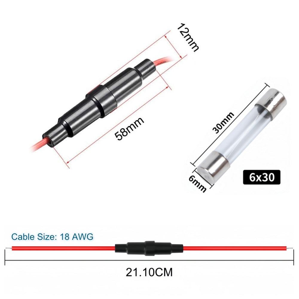 5 x Inline Glass Fuse Holders with 6mm x 30mm Long 8A Glass Fuses 18 AWG Wires