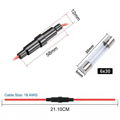 5 x Inline Glass Fuse Holders with 6mm x 30mm Long 8A Glass Fuses 18 AWG Wires