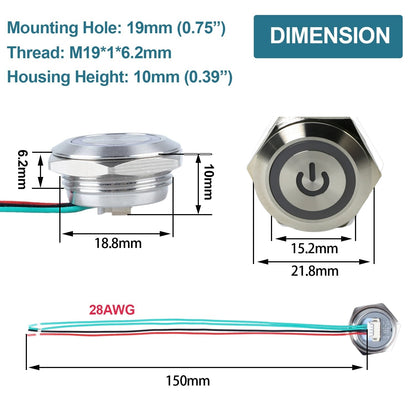 19mm Blue LED Metal Push Button Switch Ultra Thin 12-24V Pre-Wired Self Reset