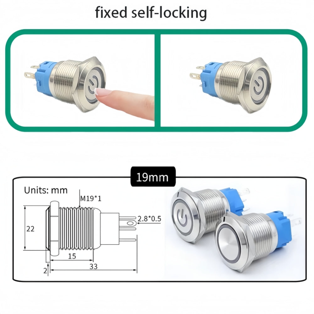 10 x 19mm Metal Push Button Switch Green LED 12-24V PreWired Self-Locking Switch
