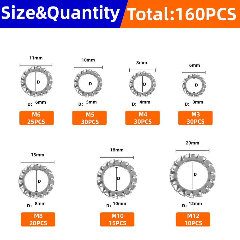 160pcs External Serrated Lock Washer M3–M12 Stainless Steel Toothed Lock Washer