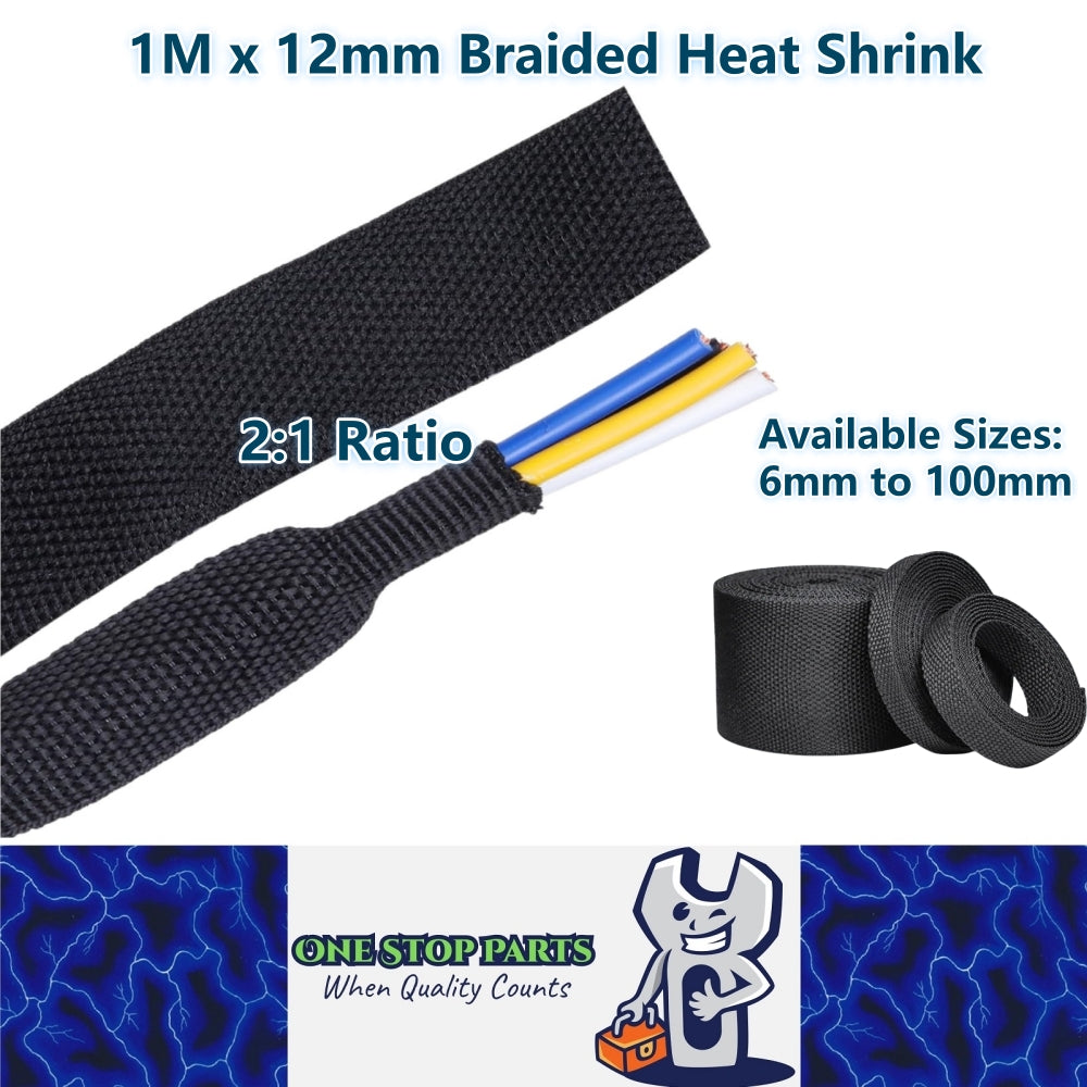 1M x 12mm 2:1 Black Heat Shrink Braided Sleeve Shrink 12mm to 6mm Braided Sleeve