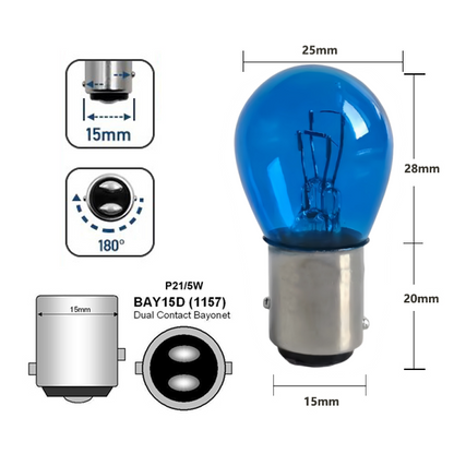 10 x BAY15D 12v 21/5w 1157 P21/5W Blue Coated Twin filament incandescent globes