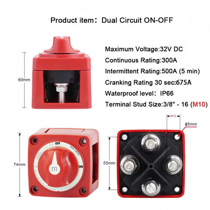 300A Dual Circuit Battery Disconnect Switch 2 Position On/Off Car Boat Marine