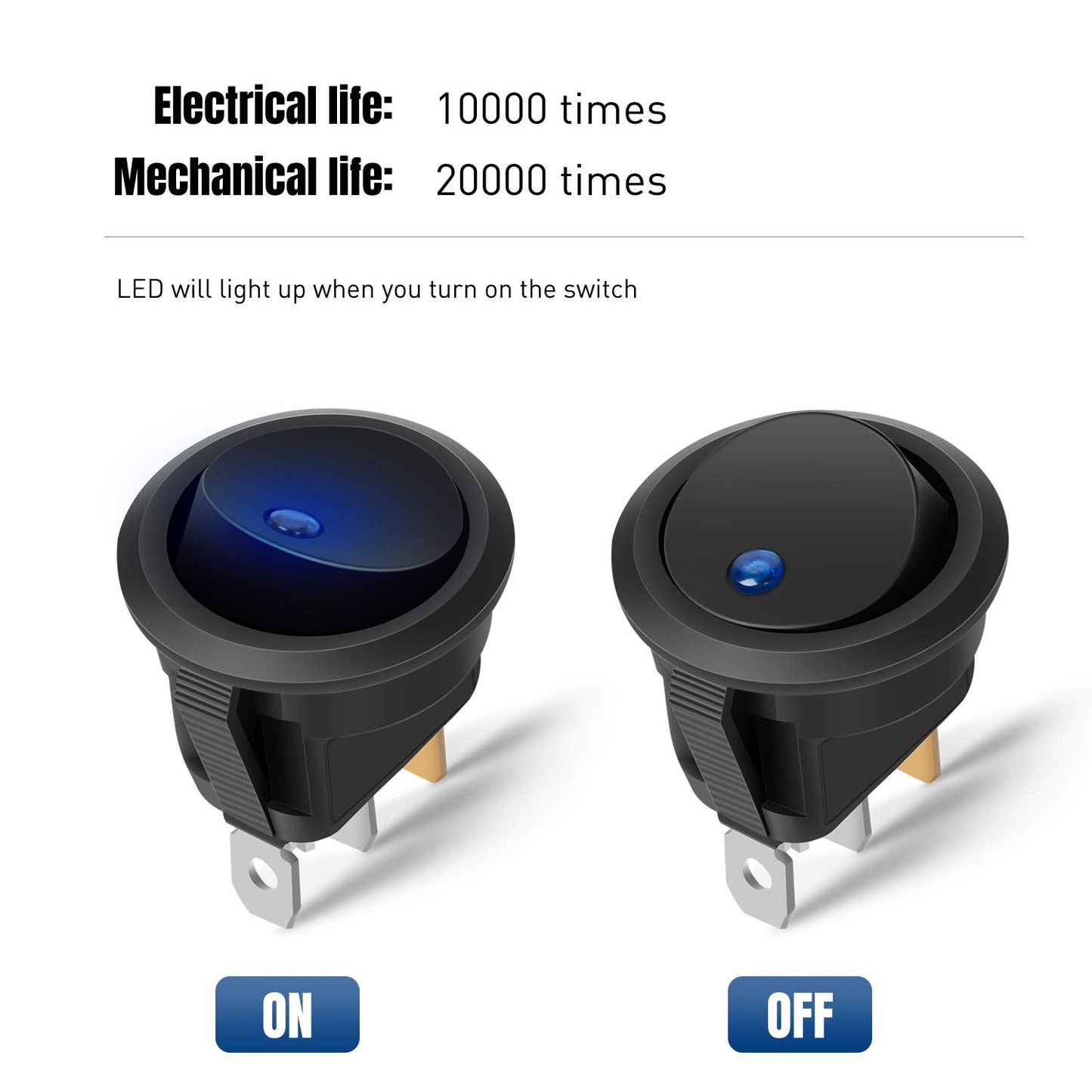 10 x Round Rocker Switch Car Boat Dashboard 3 Pin ON-OFF 12V 20A Switch Blue LED