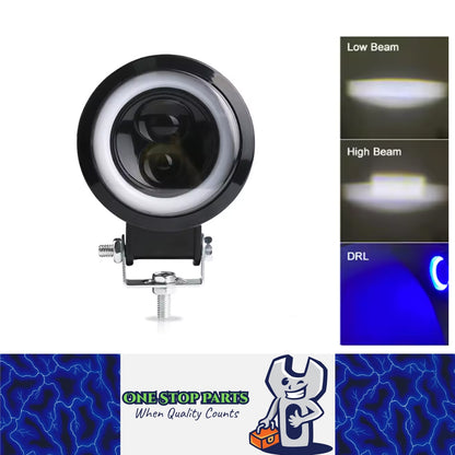 1 x 74mm Round LED Driving Light with High/Low Beam Halo Blue DRL 20W Work Light