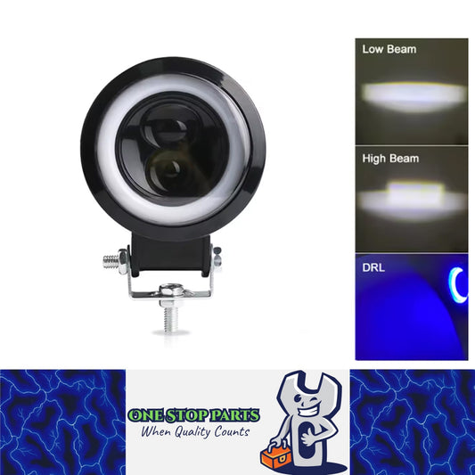 1 x 74mm Round LED Driving Light with High/Low Beam Halo Blue DRL 20W Work Light
