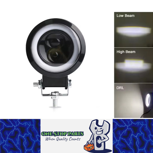 1 x 74mm Round LED Driving Light High/Low Beam and White Halo DRL 20W Work Light