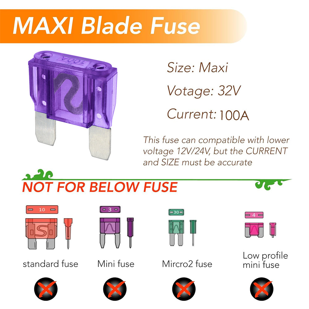 100 x 100Amp Purple Maxi Blade Fuses 100pc Pack double leg fuses 100 Amp