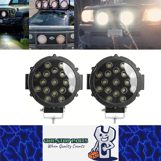 2 x Black Round LED Work Lights 177mm 51W 12-24V 6000K Spot Beam LED Spotlights