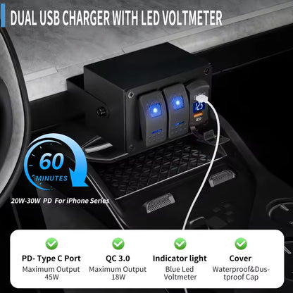 2 Gang Rocker Switch Panel Rotate Box with PD + QC3.0 USB Outlet and Voltmeter