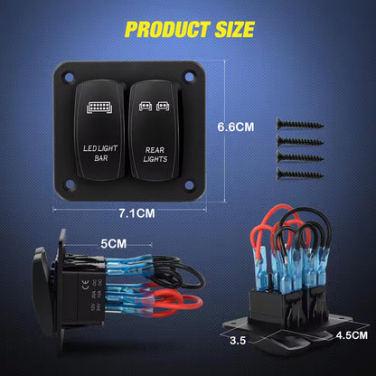 2 Gang Rocker Switch Panel Blue LED Light Bar Switch and Rear Lights Switch