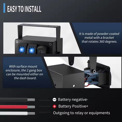 2 Gang Rocker Switch Panel Rotate Box with PD + QC3.0 USB Outlet and Voltmeter
