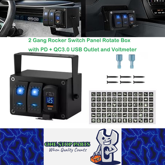 2 Gang Rocker Switch Panel Rotate Box with PD + QC3.0 USB Outlet and Voltmeter