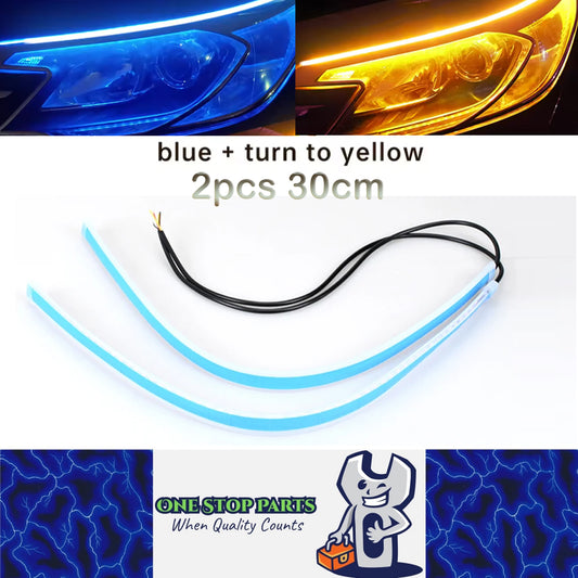 2 x 30cm Car LED DRL Daytime Running Light Flexible Strip Lights Blue to Yellow