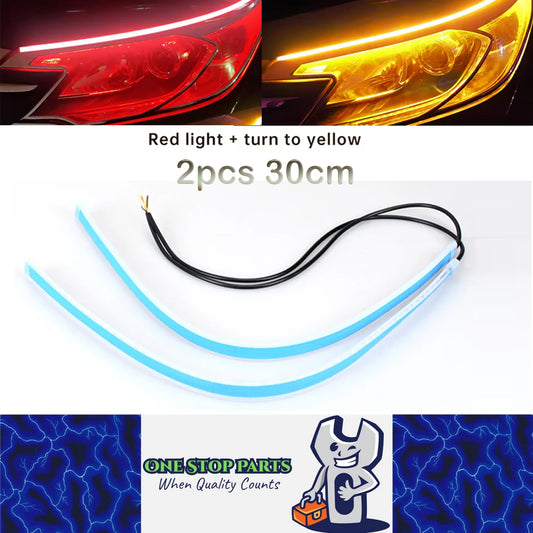 2 x 30cm Car LED DRL Daytime Running Lights Flexible Strip Lights Red to Yellow