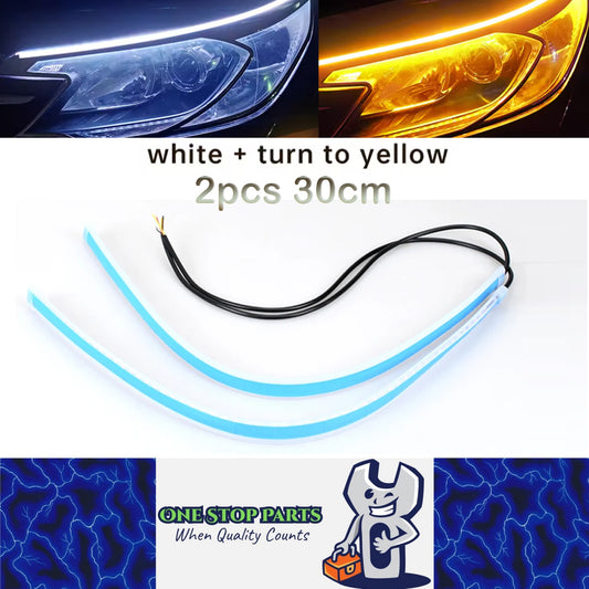 2 x 30cm Car LED DRL Daytime Running Lights Flexible Strip Light White to Yellow