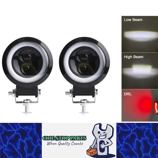 2 x 74mm Round LED Driving Light with High/Low Beam Halo Red DRL 20W Work Light