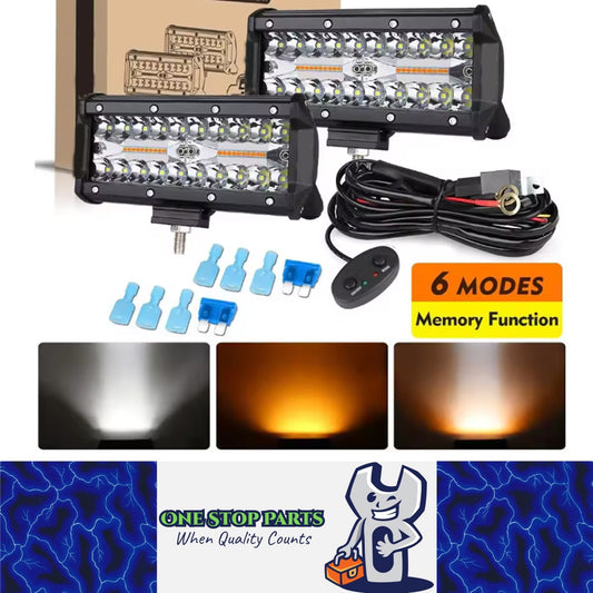 2 x White/Amber LED Light Bar 6 Modes 120W 178x80mm LED Work Light with Harness