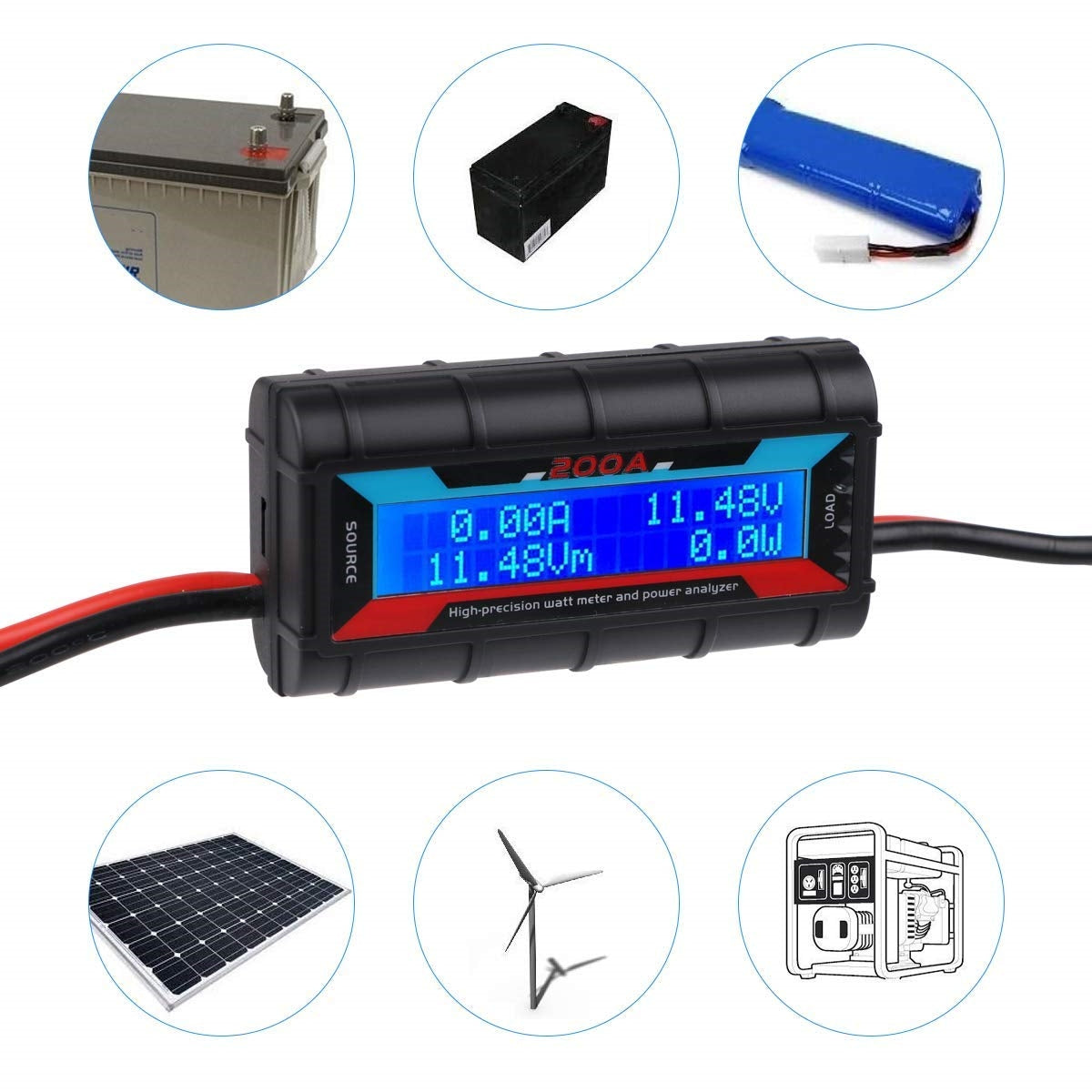 200A Inline Watt Voltage Amp Meter Power Analyzer Monitor With Connectors
