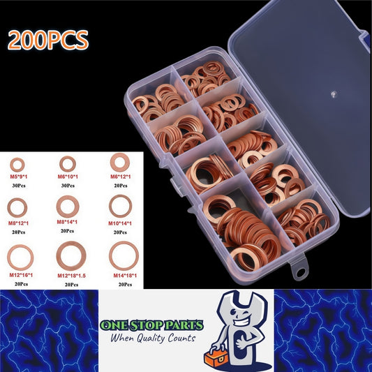 200 x Assorted Copper Sump Plug Washers M5 M6 M8 M10 M12 M14 Suits Most Vehicles