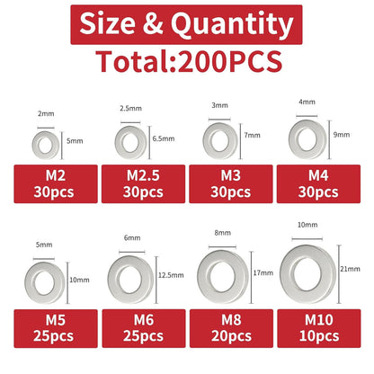 200pcs 304 Stainless Steel Flat Washer Kit M2–M10 8 Size for Home Car Repair DIY