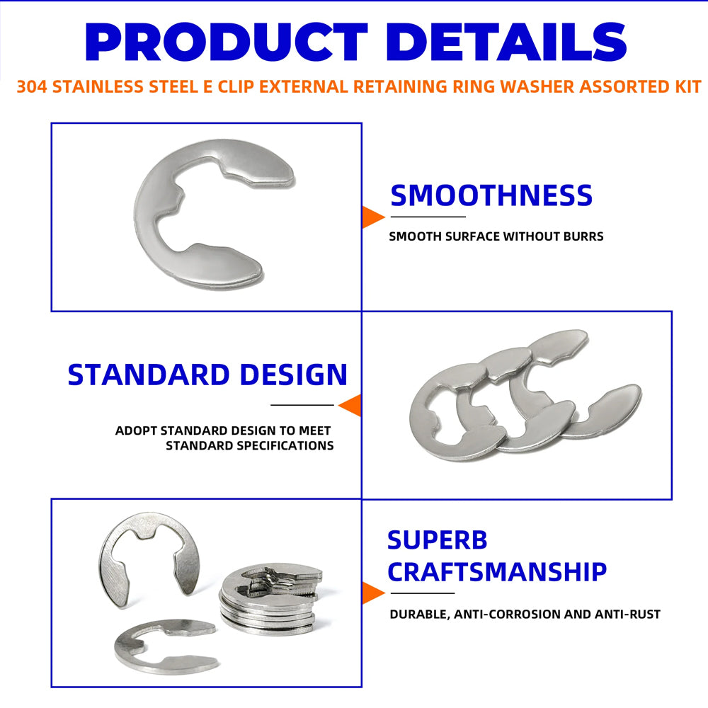 200pcs E-Clips M1.5-M10 Circlip Washer Kit 10Size Stainless Steel Retaining Ring