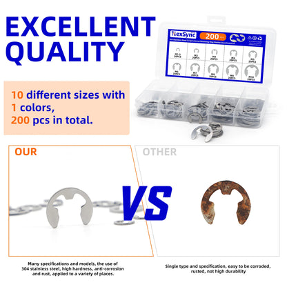 200pcs E-Clips M1.5-M10 Circlip Washer Kit 10Size Stainless Steel Retaining Ring