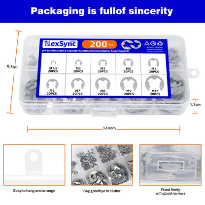 200pcs E-Clips M1.5-M10 Circlip Washer Kit 10Size Stainless Steel Retaining Ring