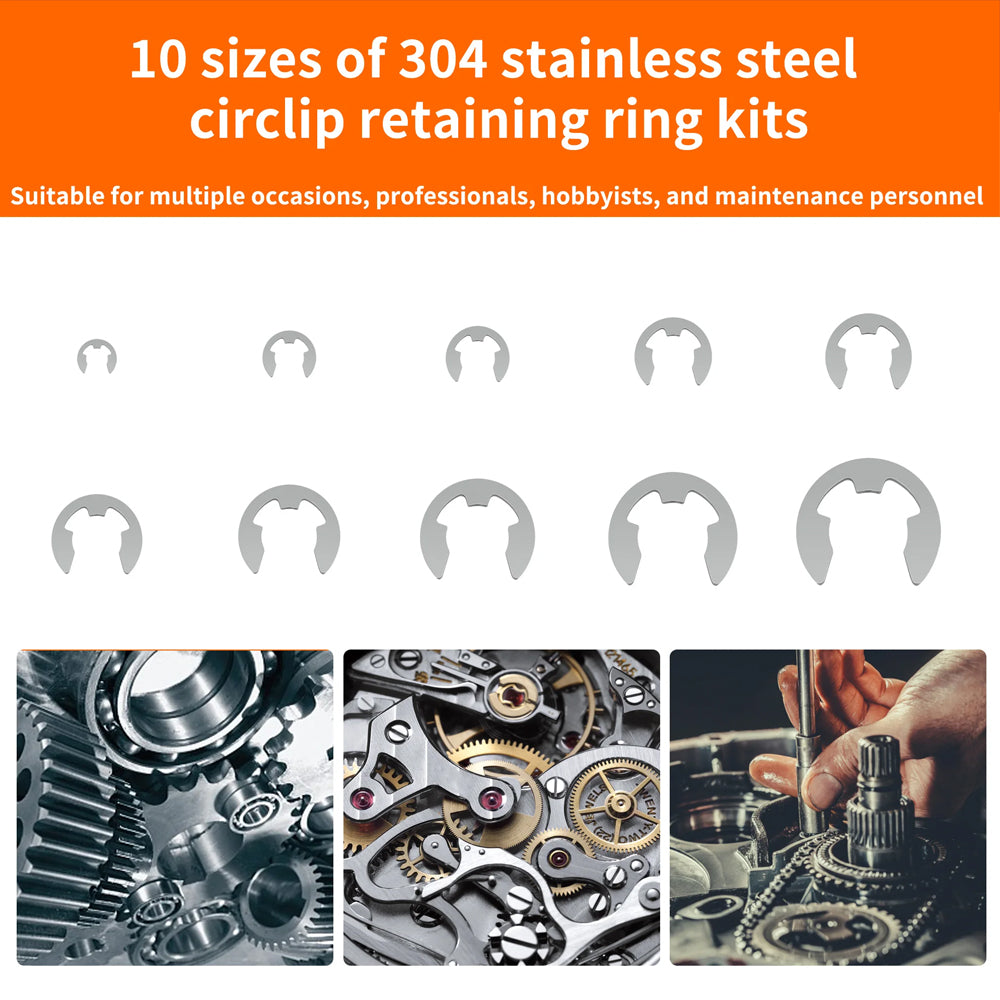 200pcs E-Clips M1.5-M10 Circlip Washer Kit 10Size Stainless Steel Retaining Ring