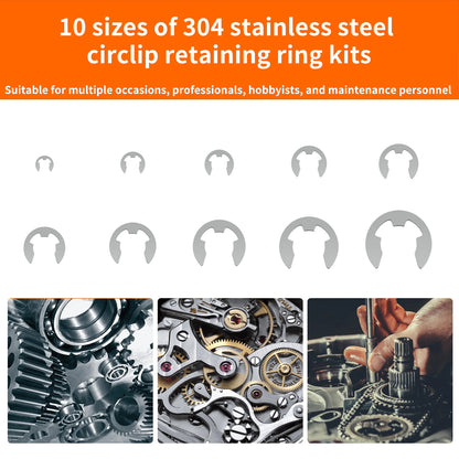 200pcs E-Clips M1.5-M10 Circlip Washer Kit 10Size Stainless Steel Retaining Ring