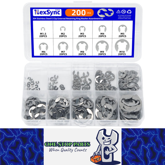200pcs E-Clips M1.5-M10 Circlip Washer Kit 10Size Stainless Steel Retaining Ring