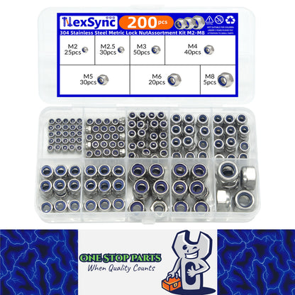 200pcs Stainless Steel Self Lock Hex Nut Nylock Locknut Kit M2-M8 Nylon Insert