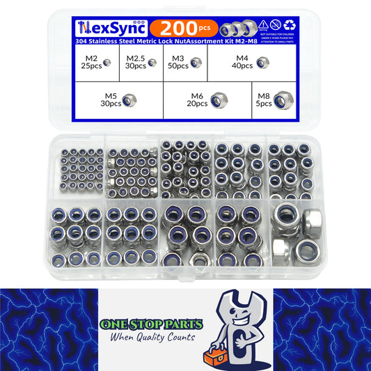 200pcs Stainless Steel Self Lock Hex Nut Nylock Locknut Kit M2-M8 Nylon Insert