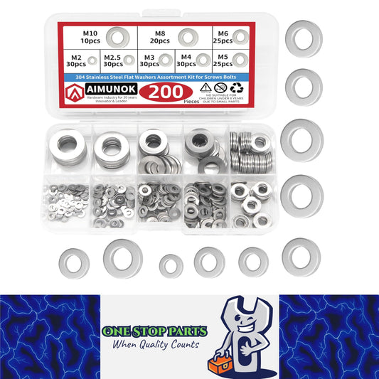 200pcs 304 Stainless Steel Flat Washer Kit M2–M10 8 Size for Home Car Repair DIY